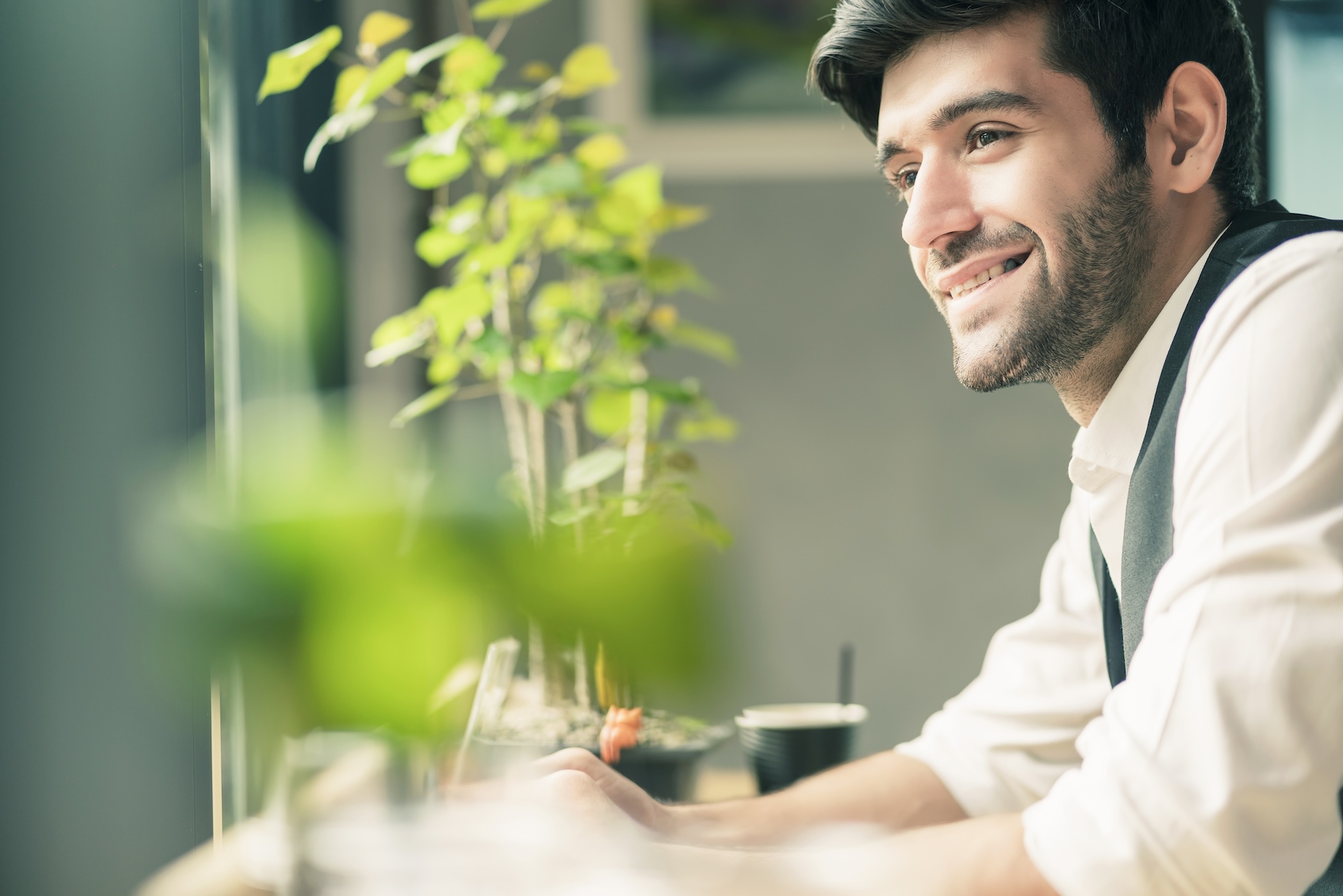 Smart Portrait Caucasian Businessman Casual Suit With Beard Smile With Cheerful Confident Cafe Window